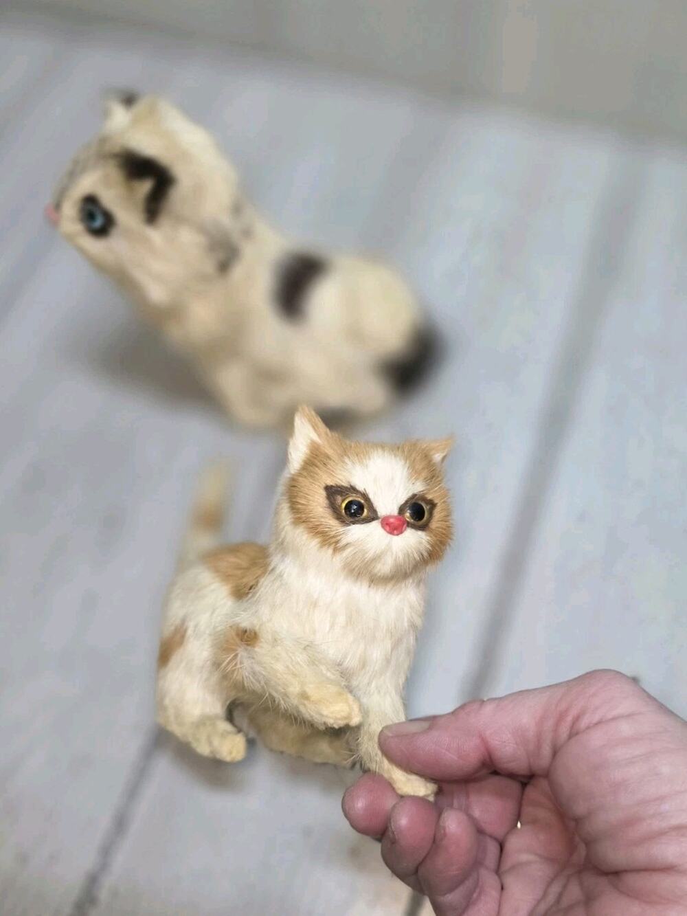 Vtg Real Rabbit Fur Kitty Cats Stuffed Animal Glass Eyes Tri-color Set Of 2
